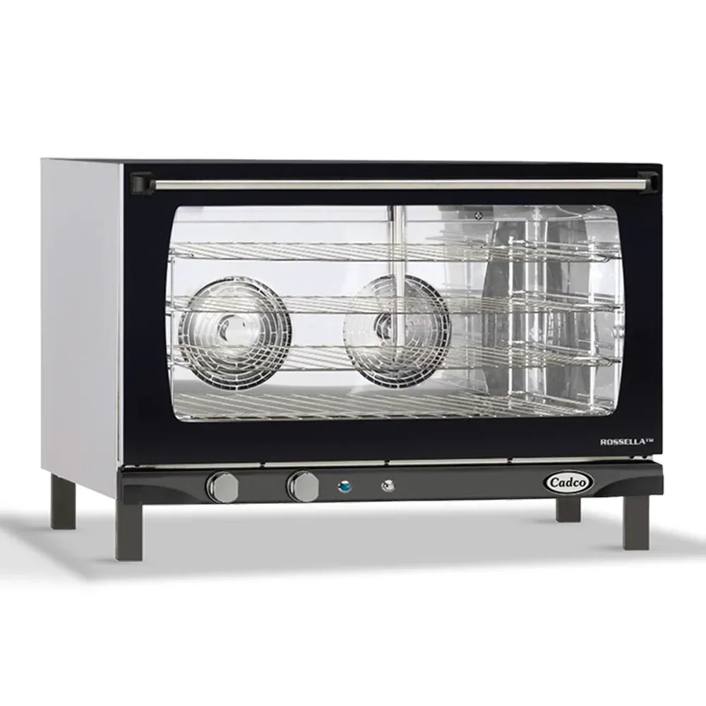Cadco four-shelf full-size manual convection oven, stainless steel heavy-duty countertop commercial kitchen durable easy-clean compact.
