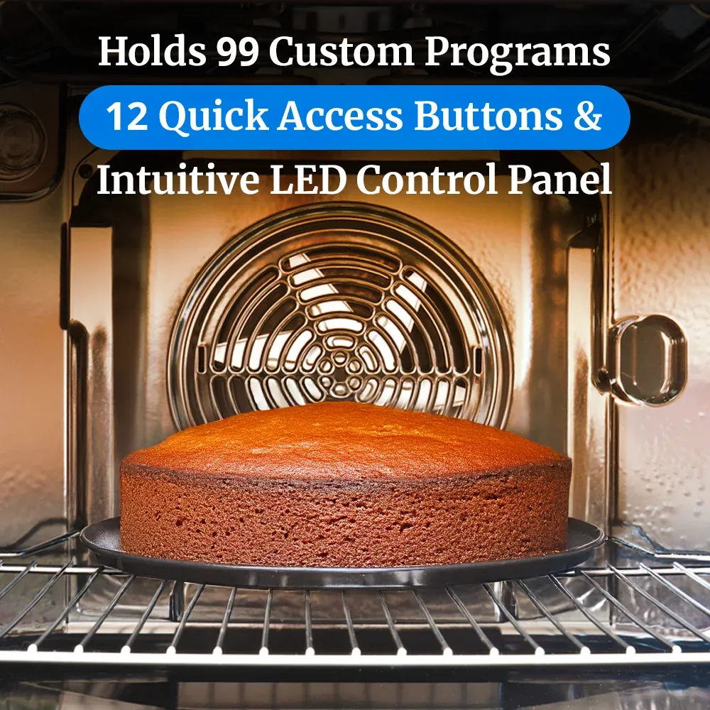 Cadco half-size digital convection oven with shelves and GO control panel in stainless steel offers accurate baking and roasting for small batches.