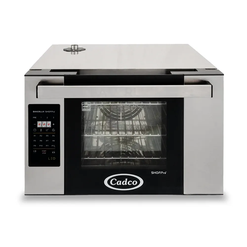 Cadco half-size digital convection oven with shelves and GO control panel in stainless steel offers accurate baking and roasting for small batches.