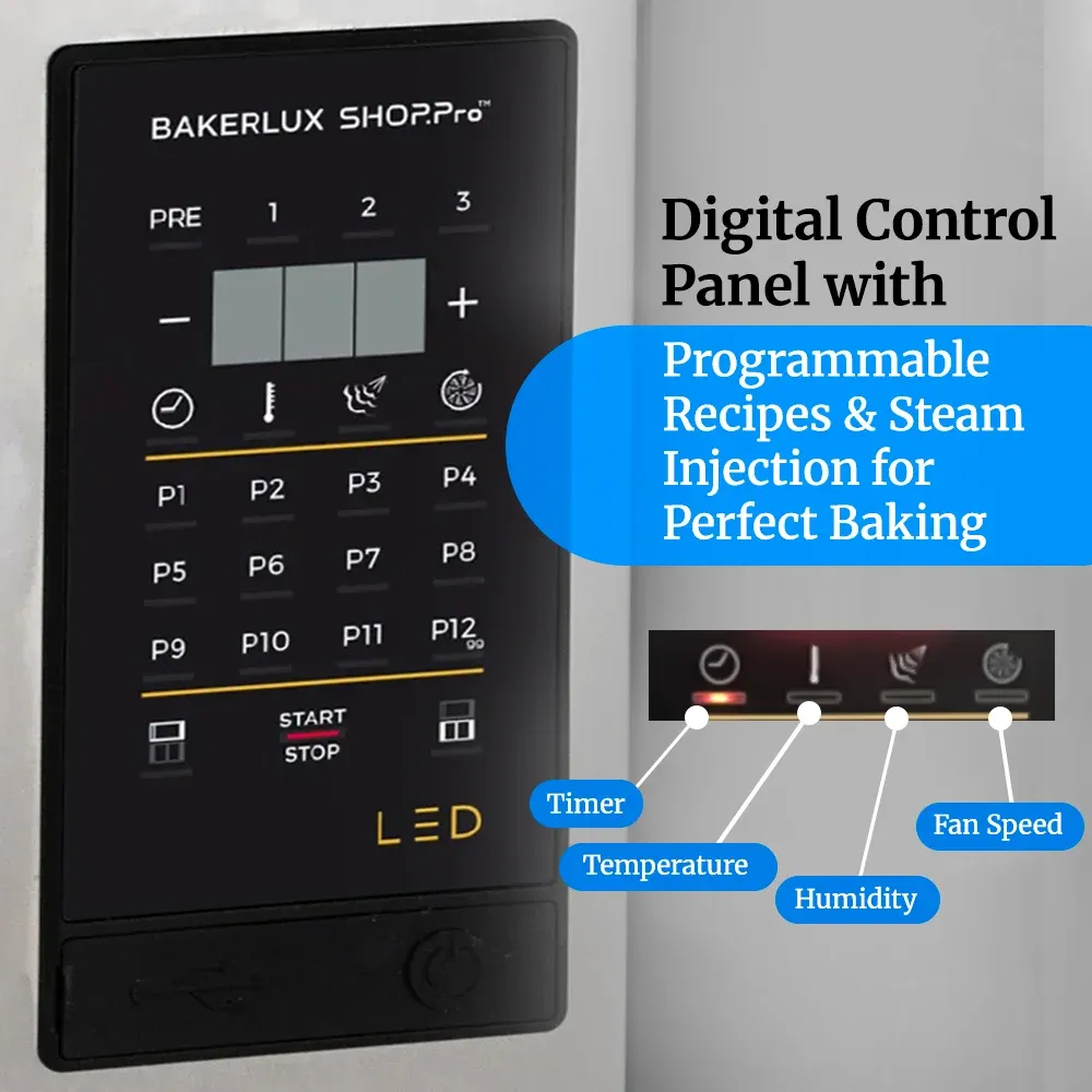 Cadco half-size digital convection oven with shelves and GO control panel in stainless steel offers accurate baking and roasting for small batches.