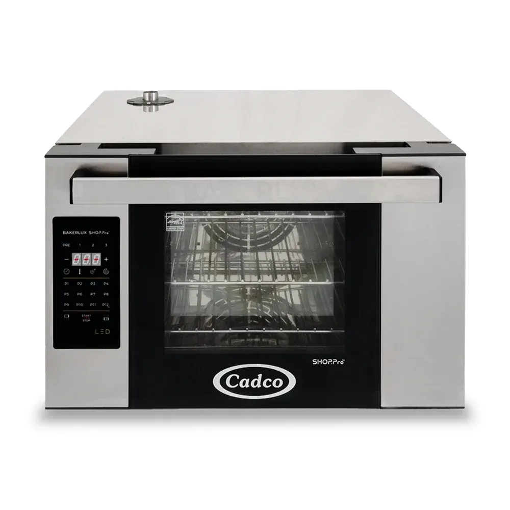Cadco three-shelf half-size digital convection oven with LED control, stainless steel heavy-duty countertop commercial kitchen durable compact.