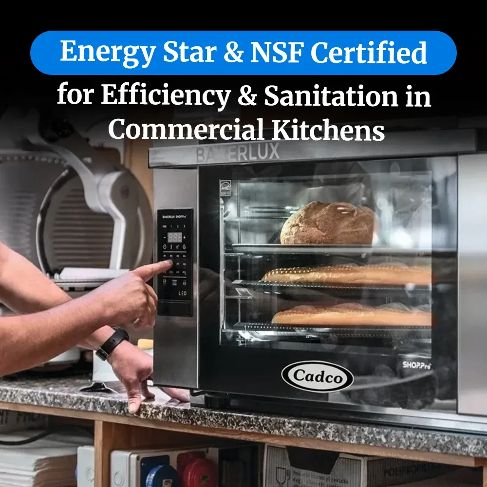 Cadco three-shelf half-size digital convection oven with LED control, stainless steel heavy-duty countertop commercial kitchen durable compact.