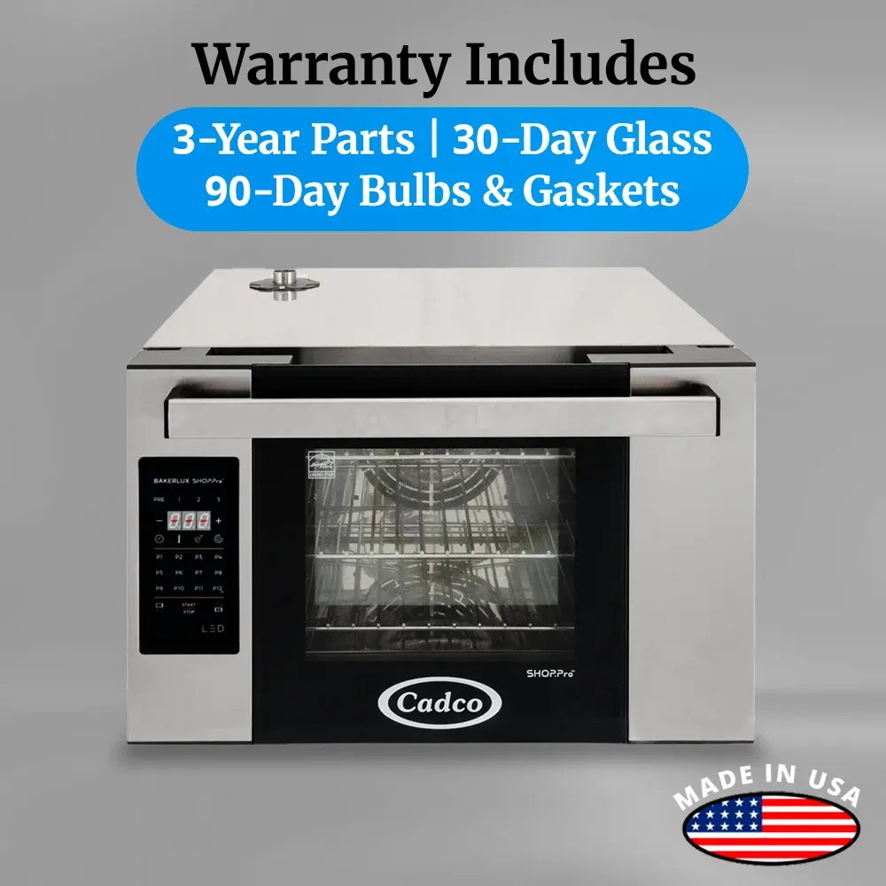 Cadco three-shelf half-size digital convection oven with LED control, stainless steel heavy-duty countertop commercial kitchen durable compact.
