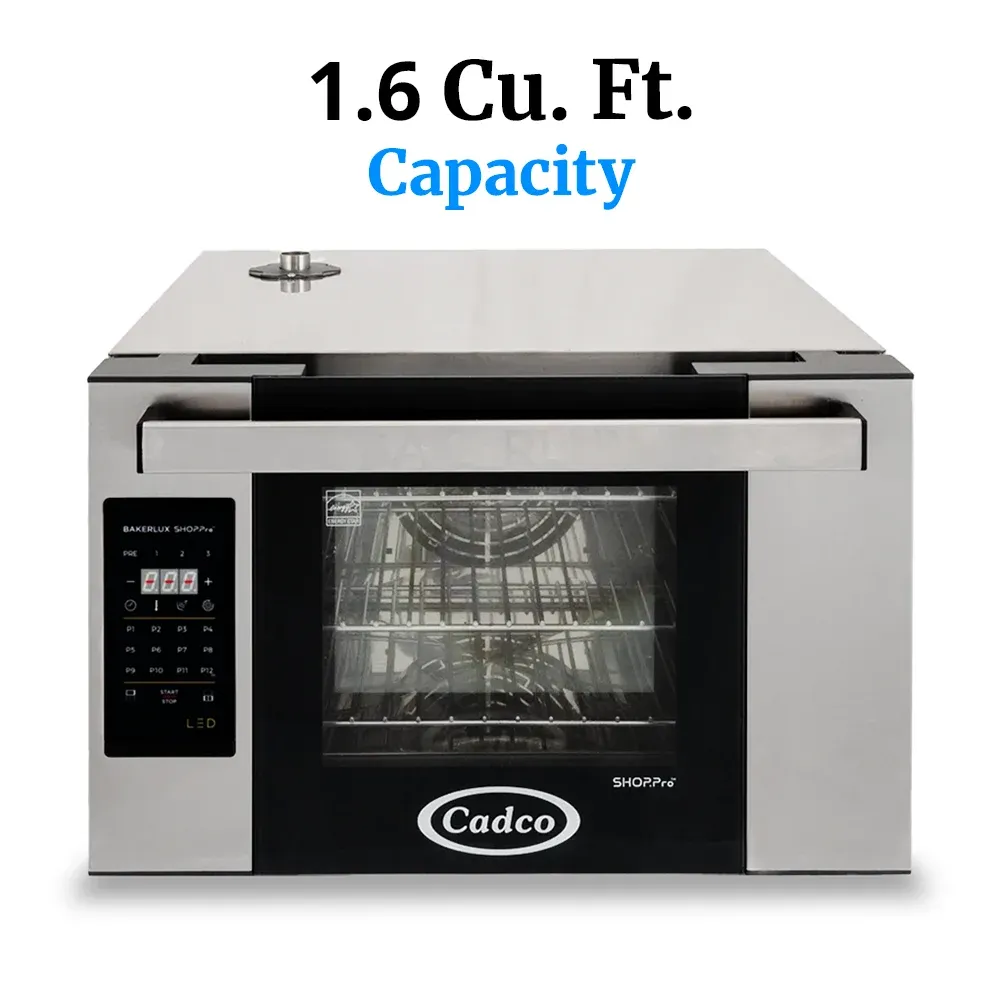 Cadco three-shelf half-size digital convection oven with LED control, stainless steel heavy-duty countertop commercial kitchen durable compact.