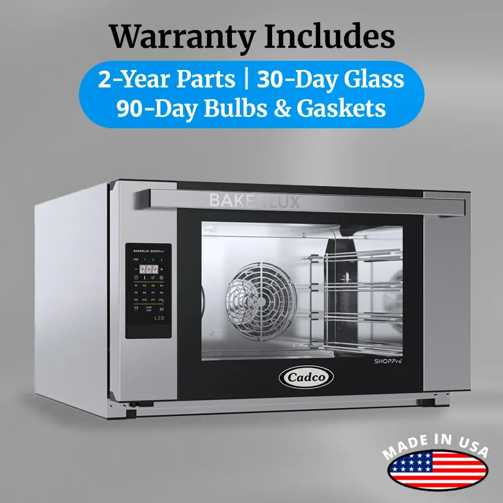 Cadco heavy-duty digital countertop convection oven, full-size with four shelves, stainless steel body, LED control panel, and long-lasting durability