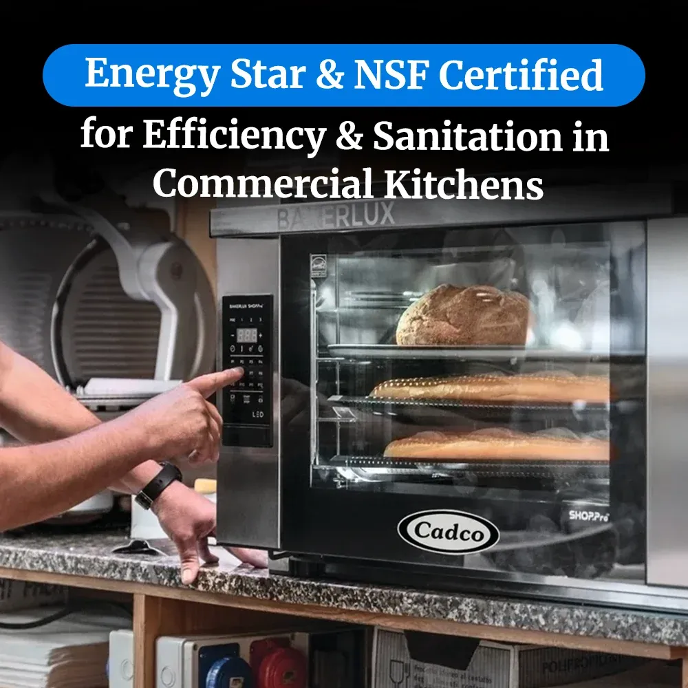 Cadco heavy-duty digital countertop convection oven, full-size with four shelves, stainless steel body, LED control panel, and long-lasting durability