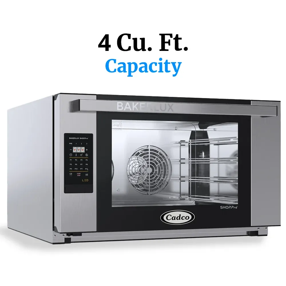 Cadco heavy-duty digital countertop convection oven, full-size with four shelves, stainless steel body, LED control panel, and long-lasting durability