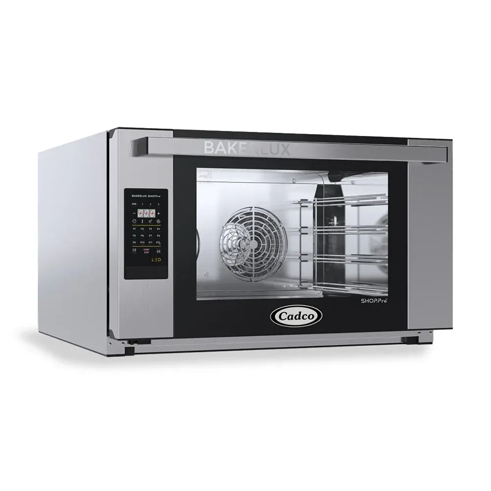 Cadco heavy-duty digital countertop convection oven, full-size with four shelves, stainless steel body, LED control panel, and long-lasting durability