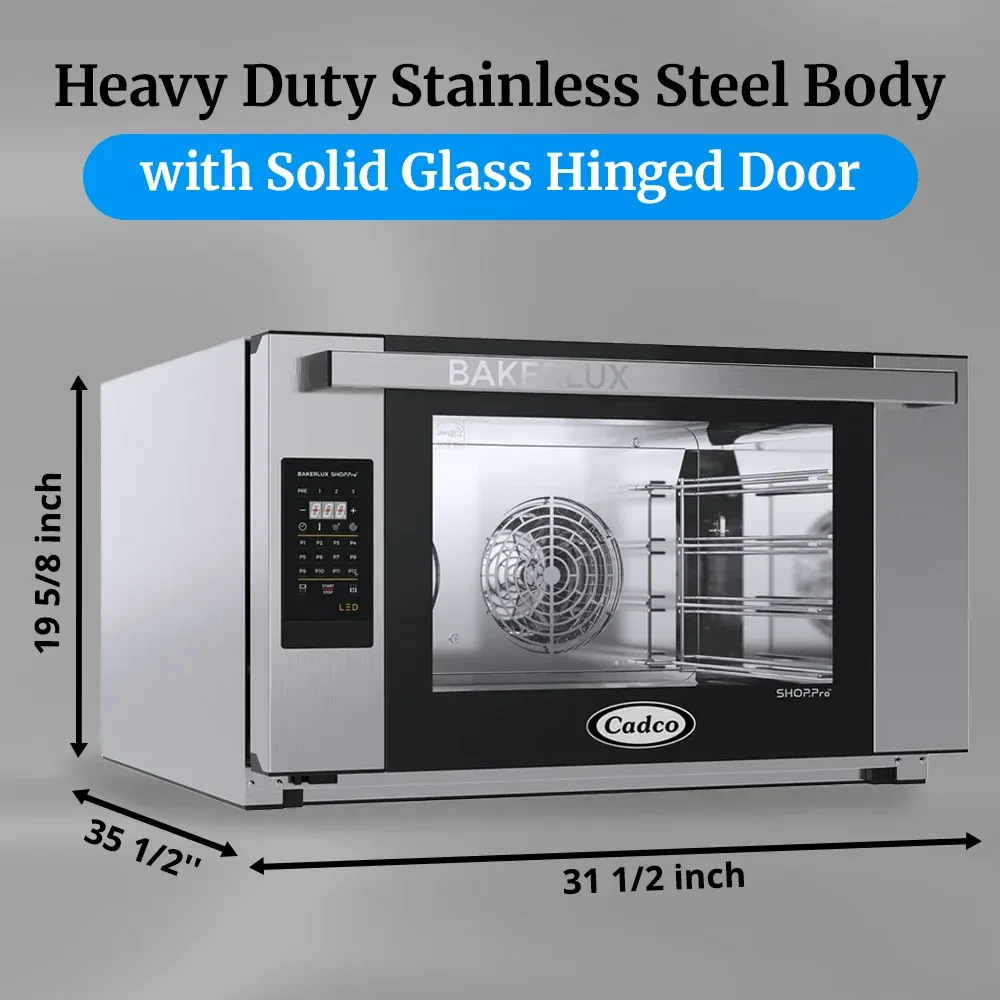 Cadco heavy-duty digital countertop convection oven, full-size with four shelves, stainless steel body, LED control panel, and long-lasting durability