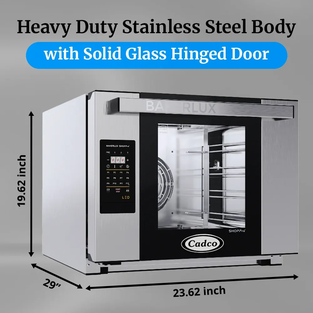 Cadco four-shelf half-size digital convection oven with LED control, stainless steel heavy-duty countertop commercial kitchen durable compact.