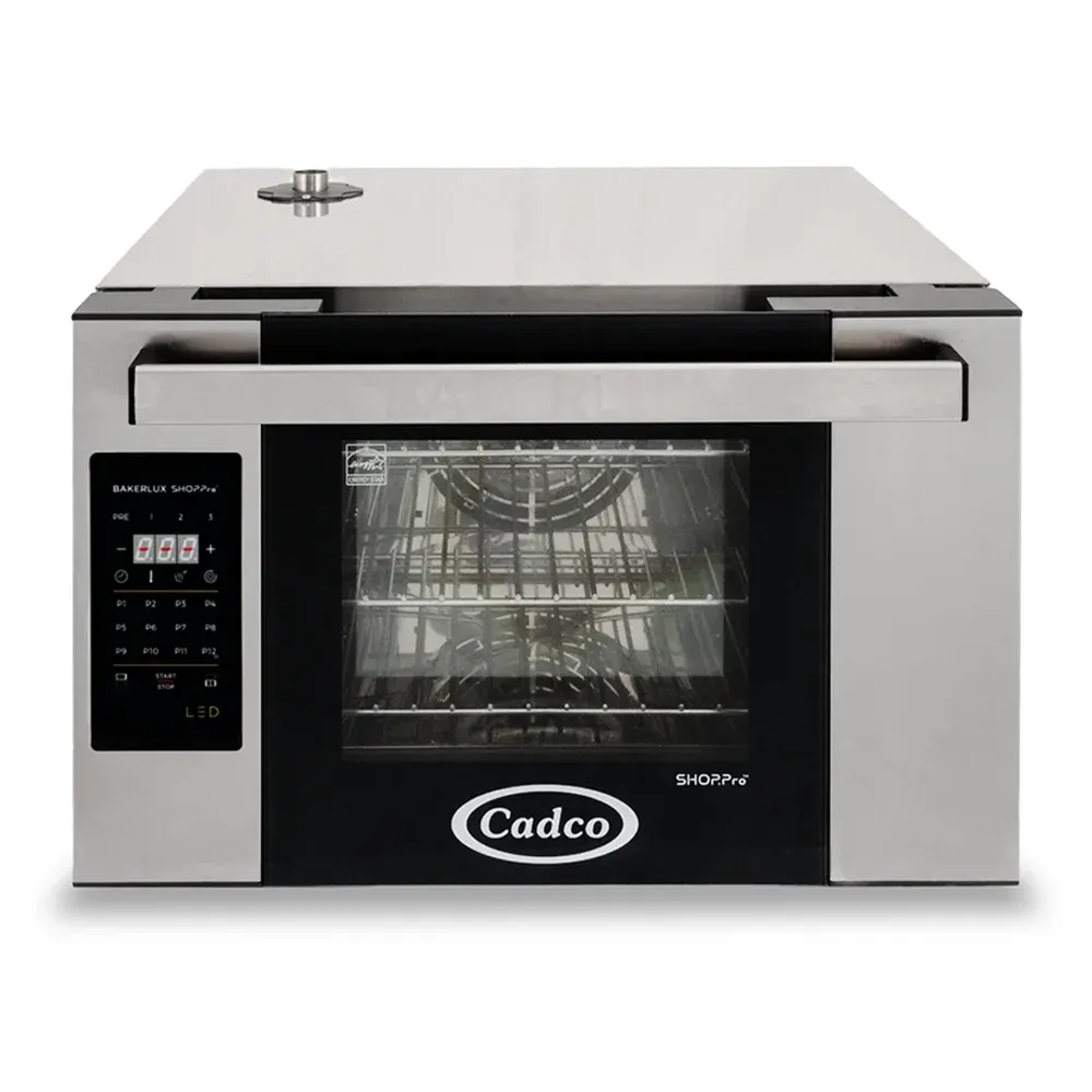 Cadco four-shelf half-size digital convection oven with LED control, stainless steel heavy-duty countertop commercial kitchen durable compact.