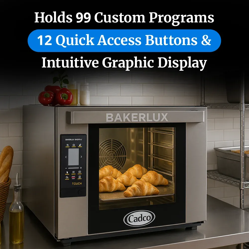 Cadco four-shelf heavy-duty convection oven in brushed stainless steel with digital controls bakes, roasts, and dehydrates with consistent airflow.