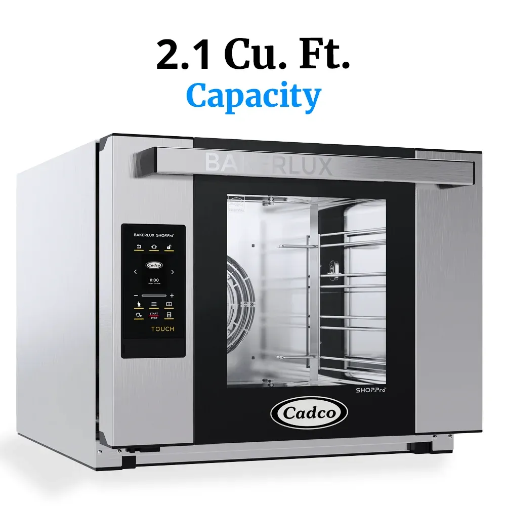 Cadco four-shelf heavy-duty convection oven in brushed stainless steel with digital controls bakes, roasts, and dehydrates with consistent airflow.