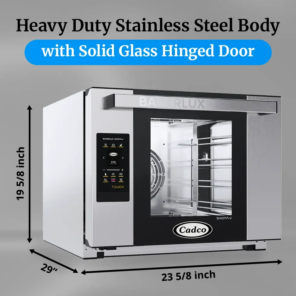 Cadco four-shelf heavy-duty convection oven in brushed stainless steel with digital controls bakes, roasts, and dehydrates with consistent airflow.