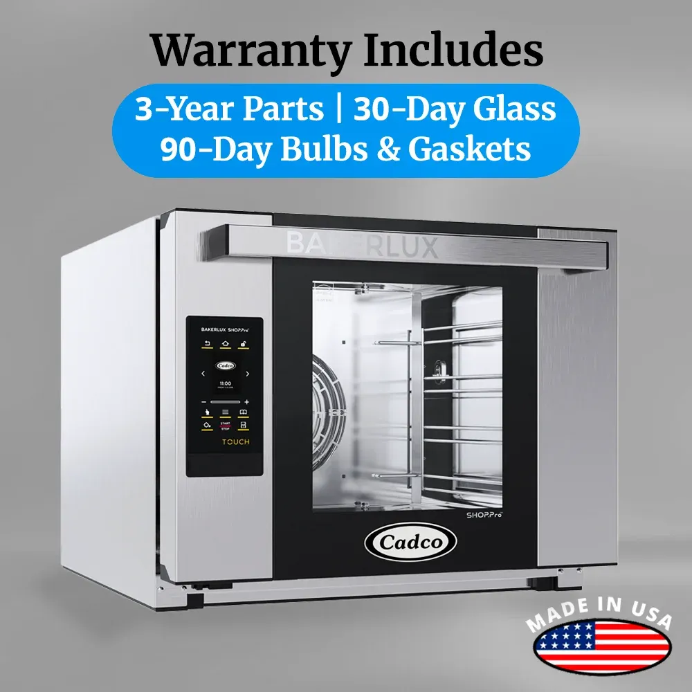 Cadco four-shelf heavy-duty convection oven in brushed stainless steel with digital controls bakes, roasts, and dehydrates with consistent airflow.