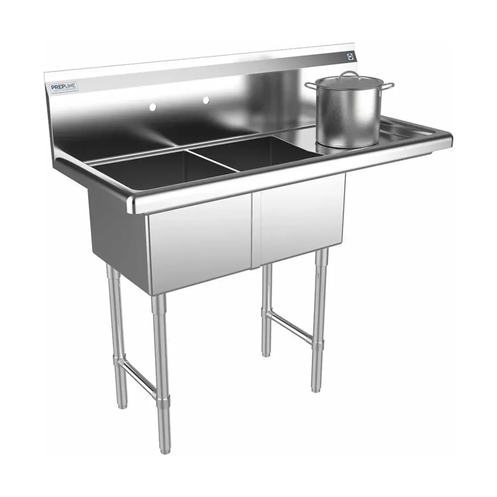 Prepline 42" Two Compartment Commercial Sink, 14" x 16" Bowls, Stainless Steel with Right Drainboard