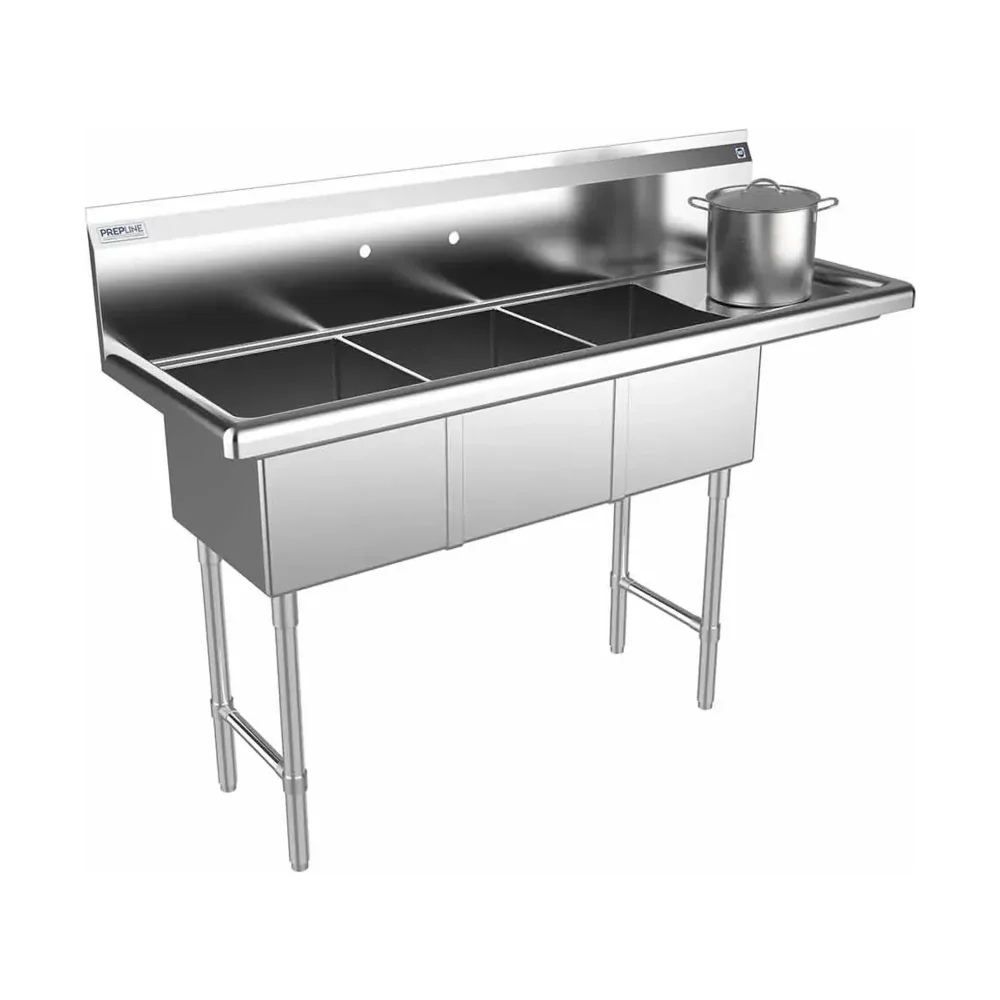Prepline 56" Three Compartment Commercial Sink, 14" x 16" Bowls, Stainless Steel with Right Drainboard