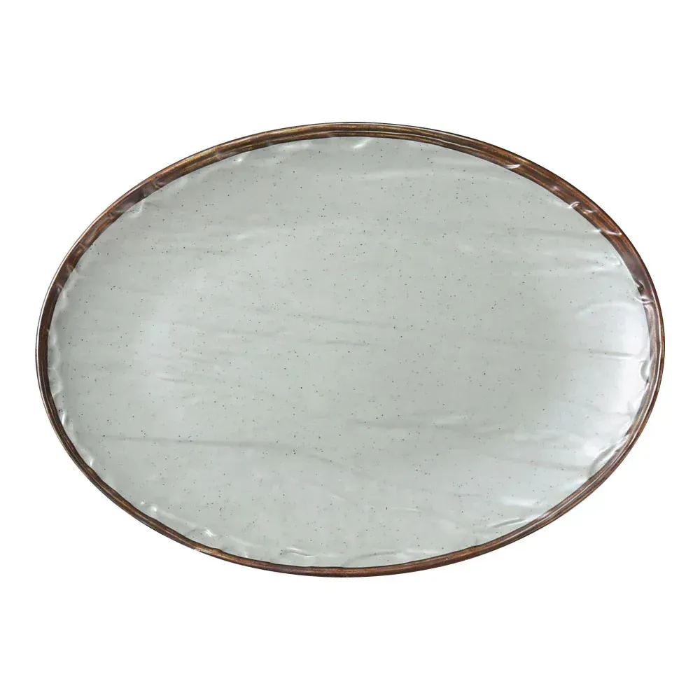 Yanco China green melamine oval plate with matte finish, perfect for elegant food presentation in restaurants, buffets, or catered events.