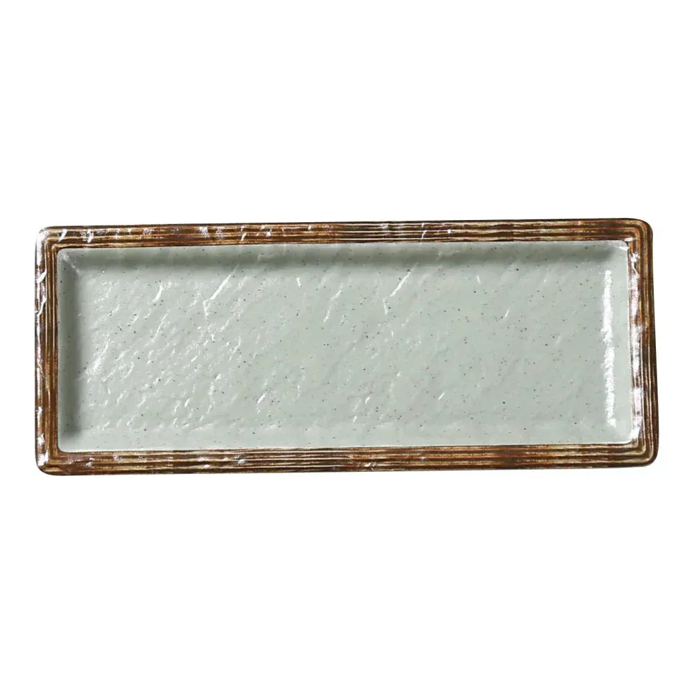 Yanco China green melamine small rectangular sushi plate with matte finish, perfect for serving sushi rolls or sashimi neatly.