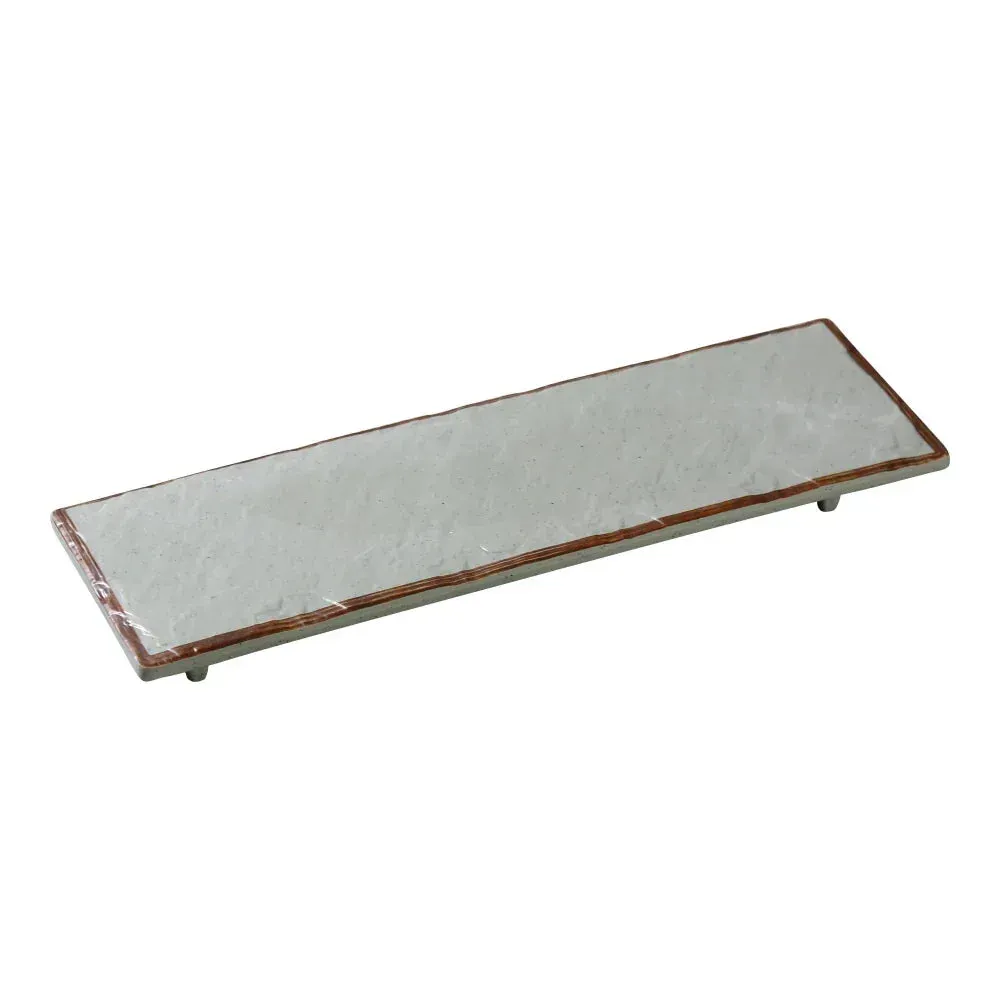 Yanco China green melamine rectangular display plate with foot, perfect for serving appetizers or desserts elegantly in dining or catered settings.