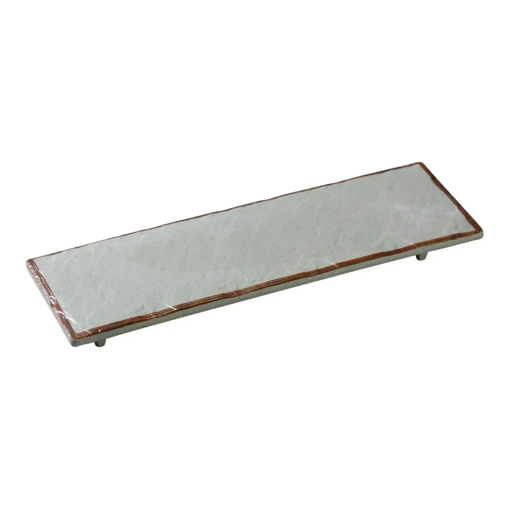 Yanco China green melamine rectangular display plate with foot, elegant base for sushi, starters, or desserts in fine dining.