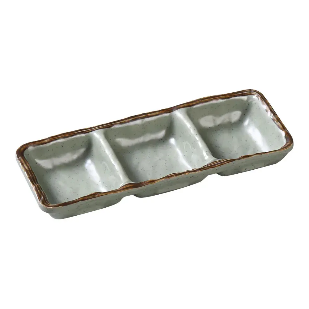 Yanco China melamine triple sauce dish with smooth matte finish, ideal for neatly serving dips, sauces, or condiments in modern dining.