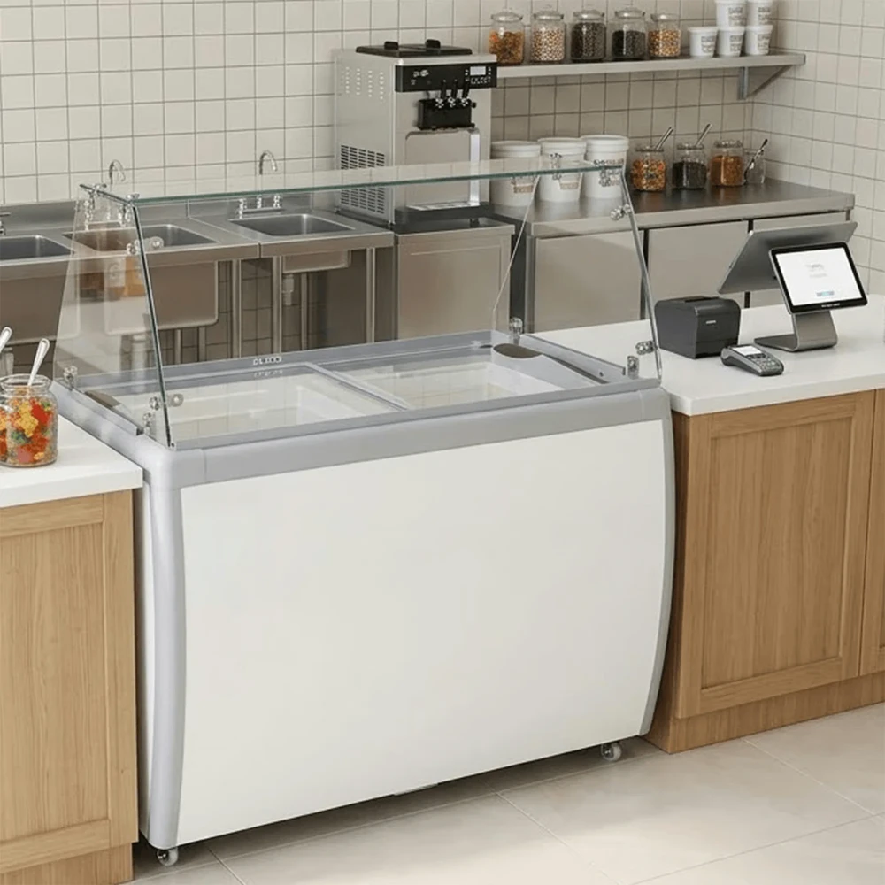 ProKitchen Series 49" Ice Cream Dipping Cabinet Freezer with Flat Sneeze Guard, 8 Tubs Capacity, 1 Year Warranty