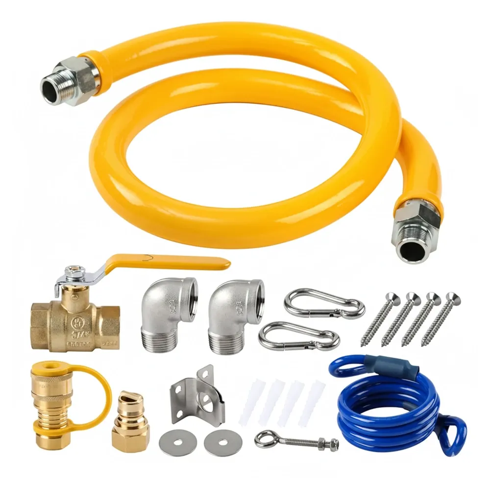 ChefPro Series 48-3/4" Commercial Kitchen Gas Line Hose Connector Kit with 2 Elbows, Yellow – Safety System Kit