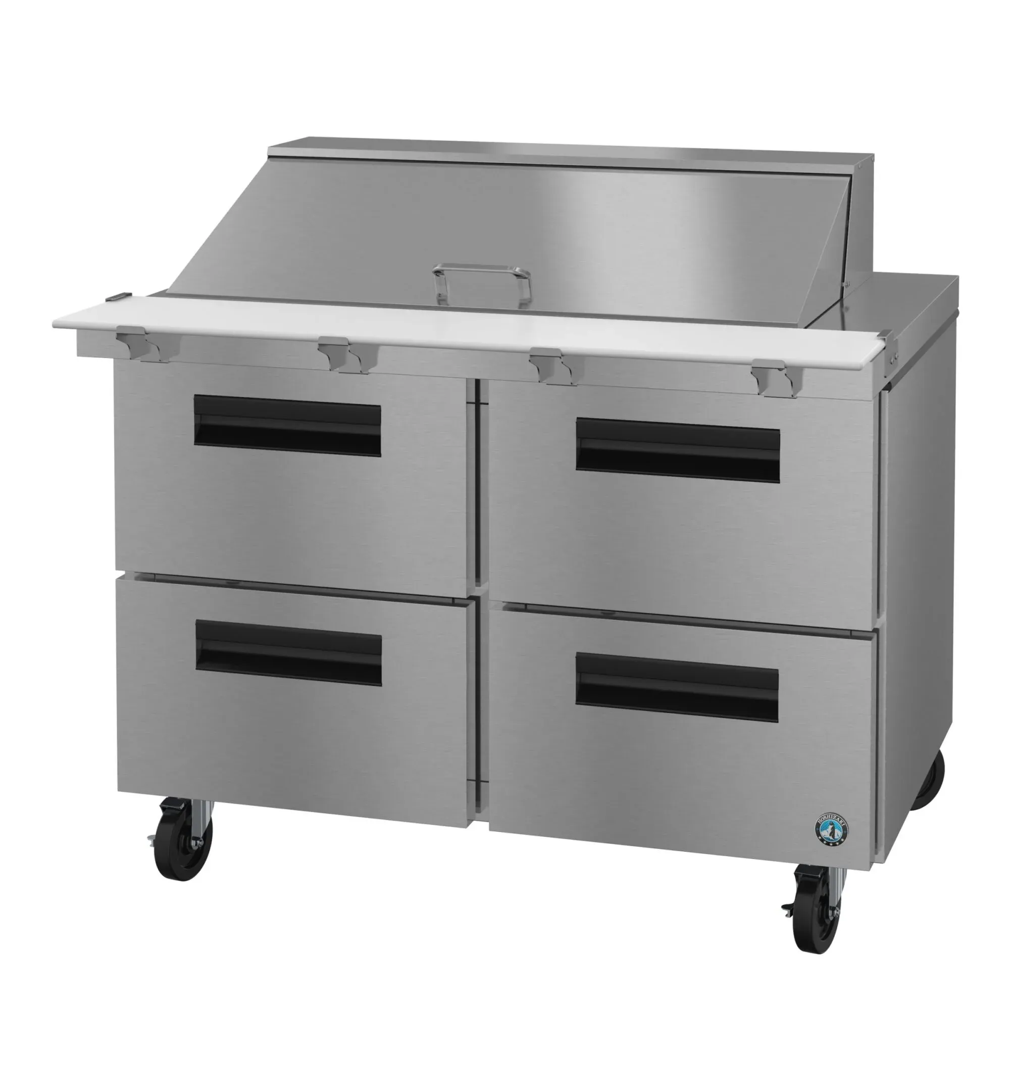 Stainless steel Sandwich/Salad prep table from Hoshizaki America with a refrigerated base, multiple pans, and four drawers, engineered for quick prep.