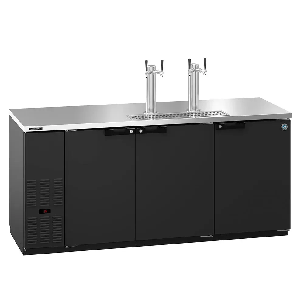 Modern black kegerator beer dispenser from Hoshizaki America with a four keg capacity and twin tap towers, for a stylish contemporary bar setting.