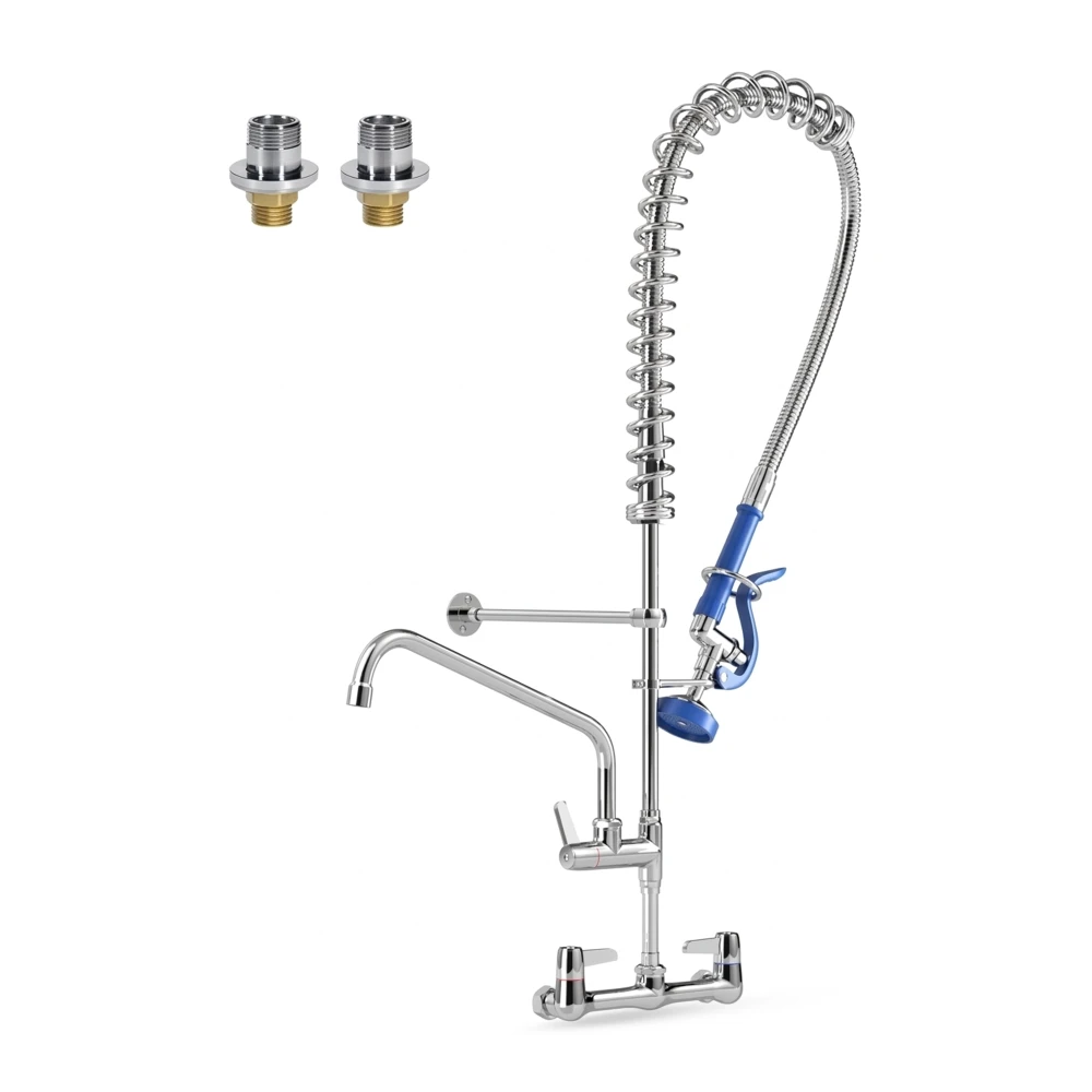 ChefPro Series Commercial Kitchen Faucet with Pre‐Rinse Sprayer, Wall Mount, 8" Center with 12" Add-On Spout