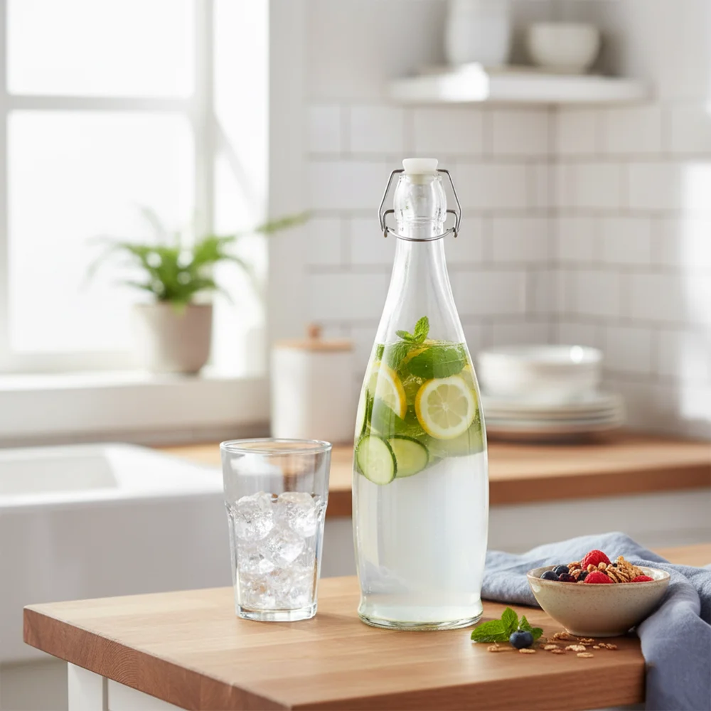 ServeCraft Series SC32CGB 32 oz Clear Glass Bottle with Wire Bail Swing Top Lid