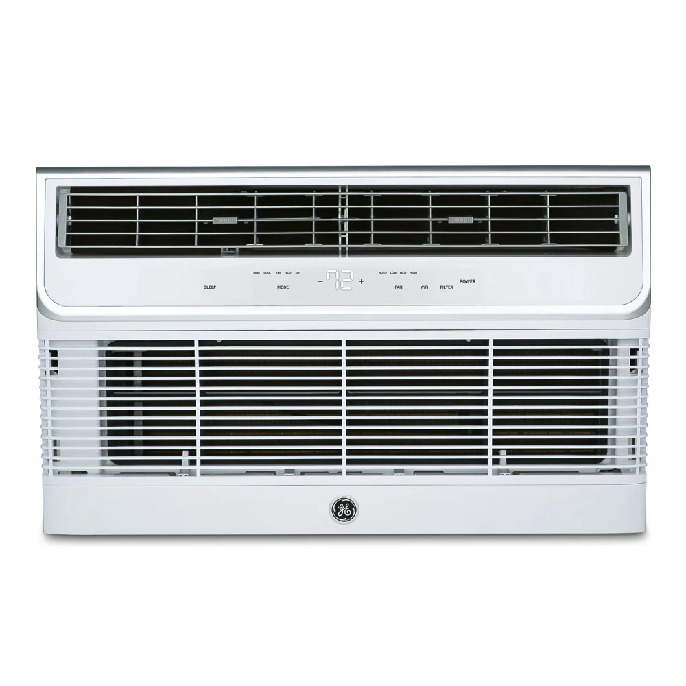 GE built-in thru-wall smart AC with 3-speed fan, auto-dimming display, electronic controls, cooling BTU R EER, delivering modern cooling convenience.