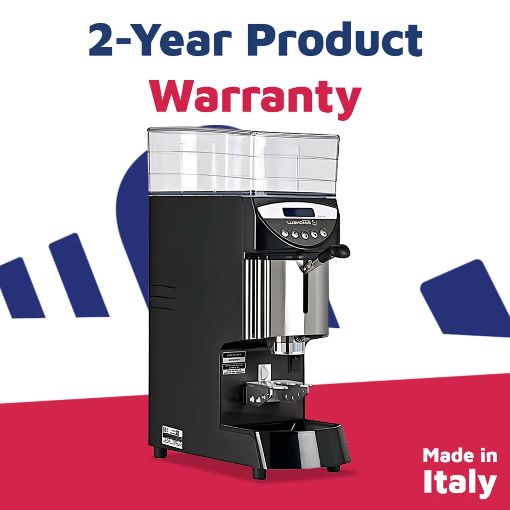 Nuova Simonelli Mythos Plus black espresso grinder with chrome accents and a large hopper sits on a café counter next to portafilters and stacked cup.