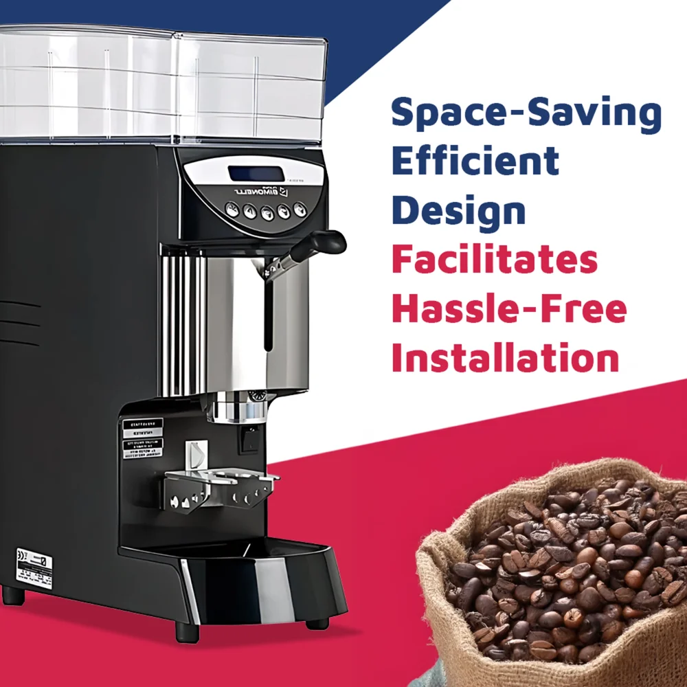 Nuova Simonelli Mythos Plus black espresso grinder with chrome accents and a large hopper sits on a café counter next to portafilters and stacked cup.