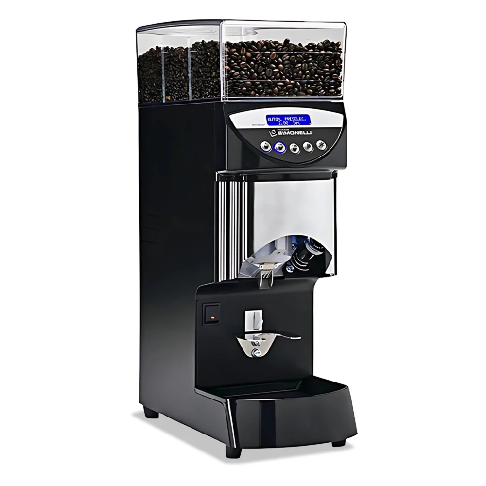 Nuova Simonelli Mythos Basic espresso grinder in matte black with large transparent hopper rests on a barista counter under soft, warm lighting.