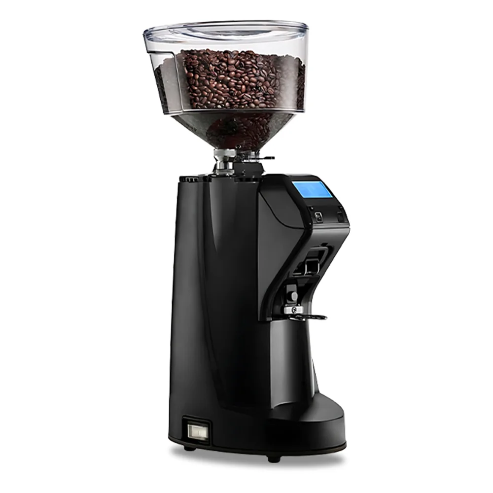 Nuova Simonelli on-demand grinder in matte black with bright touchscreen and large hopper stands on stainless steel workspace, ready to grind.