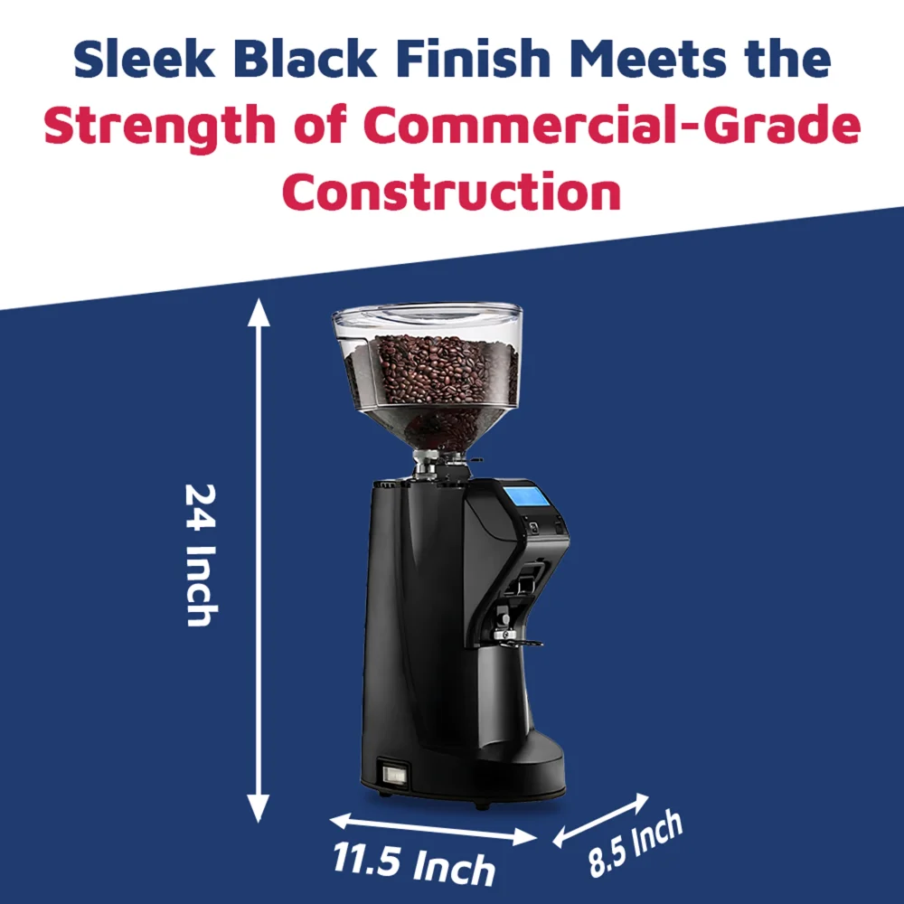 Nuova Simonelli on-demand grinder in matte black with bright touchscreen and large hopper stands on stainless steel workspace, ready to grind.