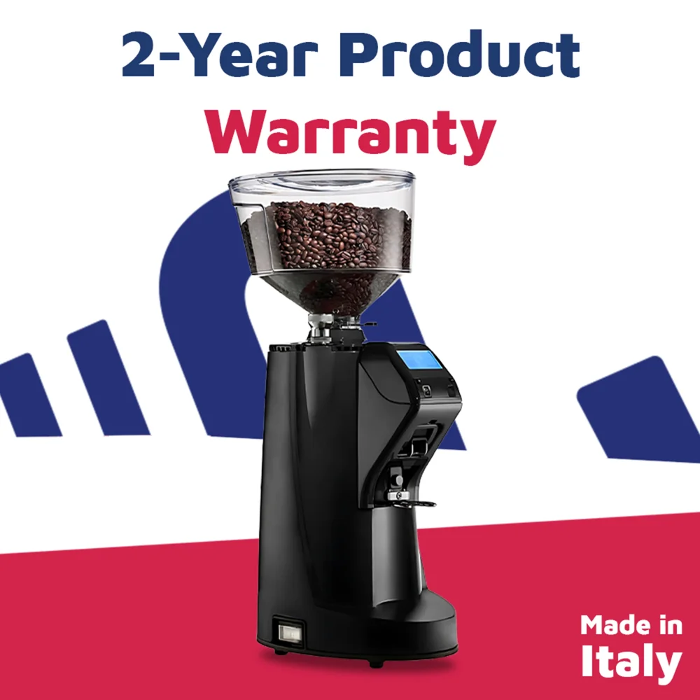 Nuova Simonelli on-demand grinder in matte black with bright touchscreen and large hopper stands on stainless steel workspace, ready to grind.