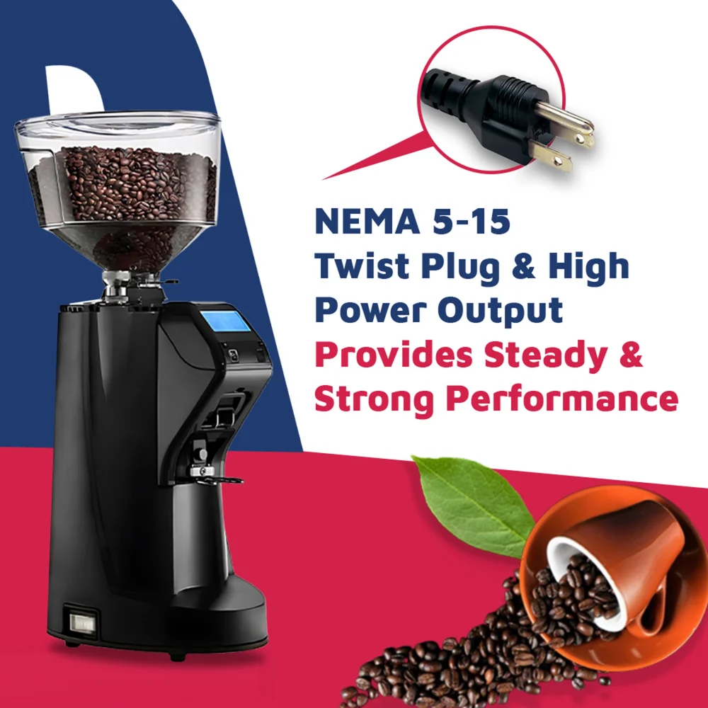 Nuova Simonelli on-demand grinder in matte black with bright touchscreen and large hopper stands on stainless steel workspace, ready to grind.