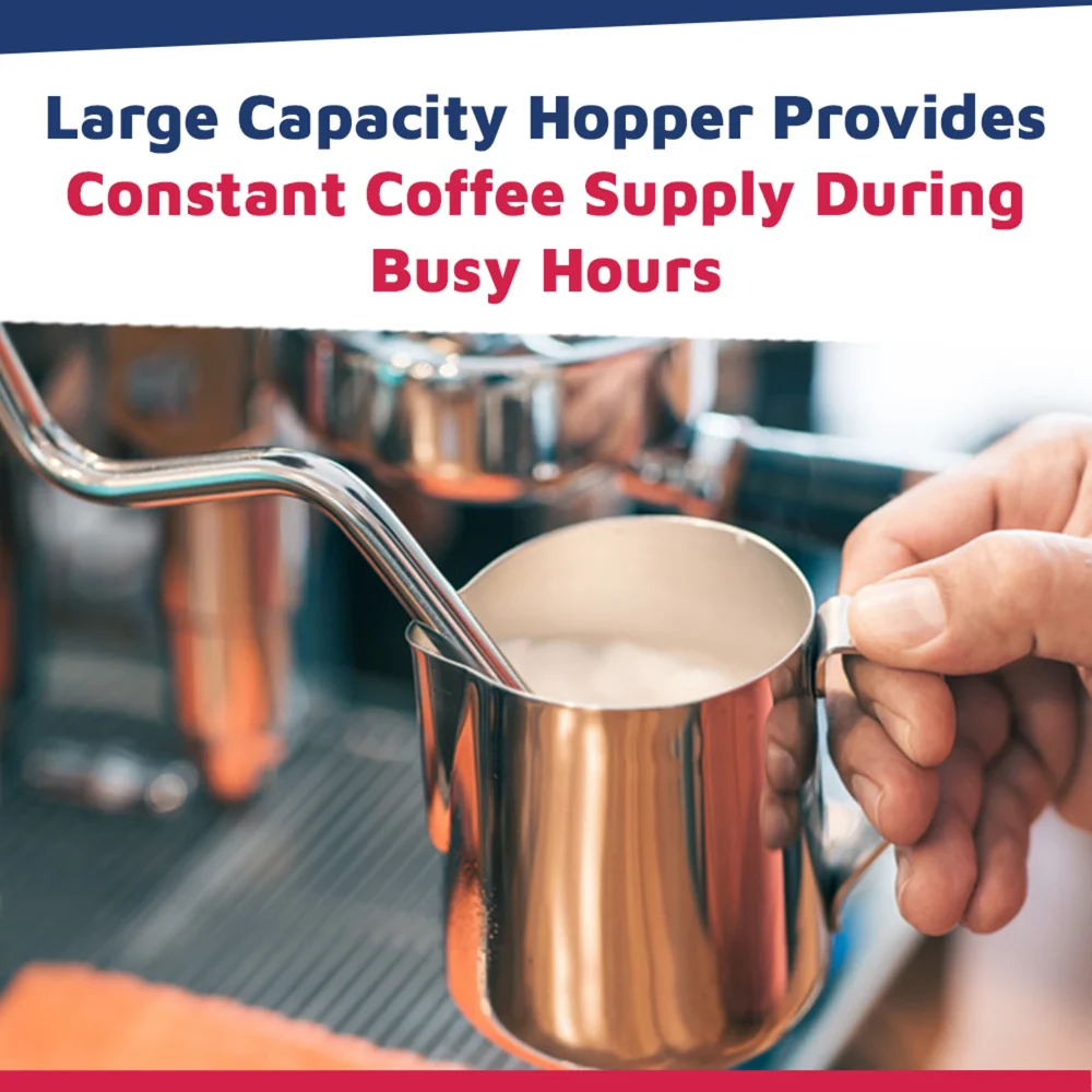 Nuova Simonelli on-demand grinder in matte black with bright touchscreen and large hopper stands on stainless steel workspace, ready to grind.