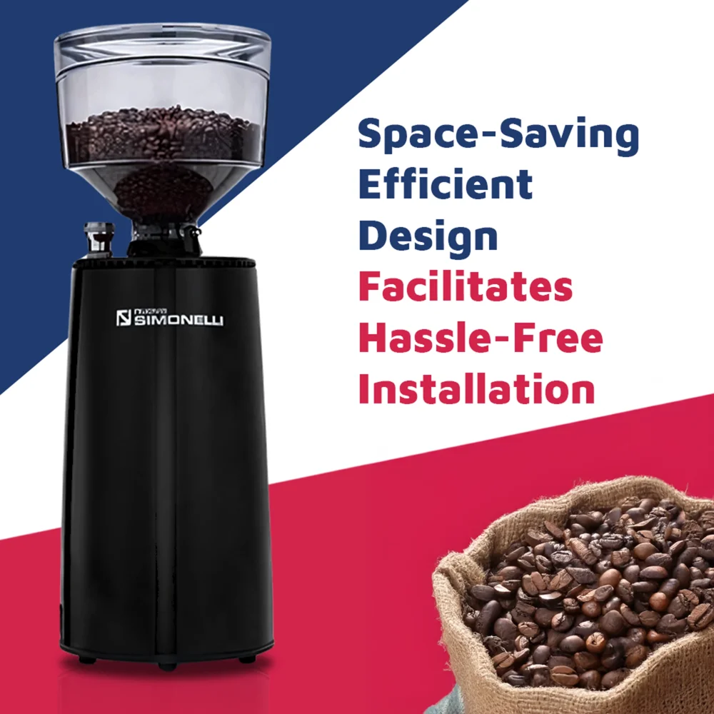 Nuova Simonelli on-demand grinder in matte black with bright touchscreen and large hopper stands on stainless steel workspace, ready to grind.