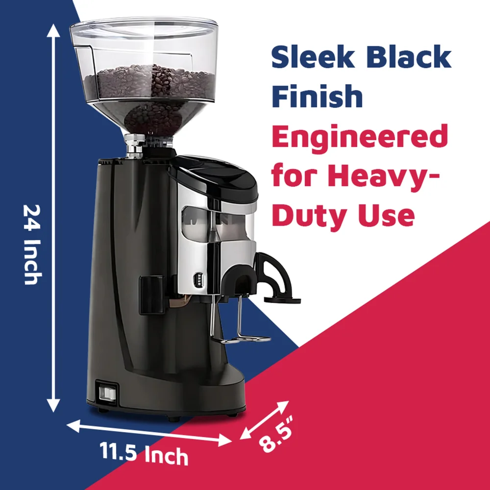 Nuova Simonelli espresso grinder with sleek black body and illuminated display placed beside an espresso machine in a modern coffee bar setup.