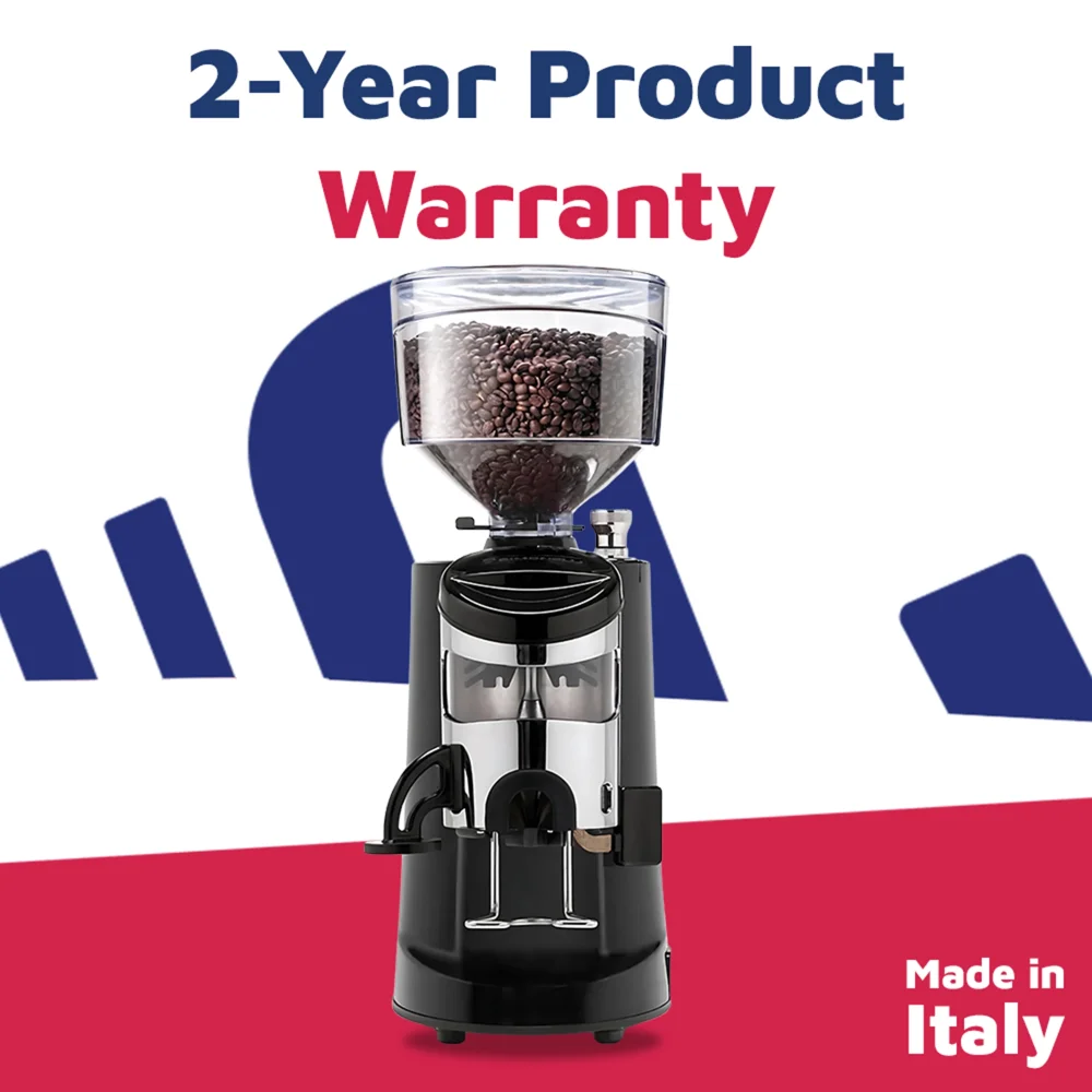 Nuova Simonelli espresso grinder with sleek black body and illuminated display placed beside an espresso machine in a modern coffee bar setup.