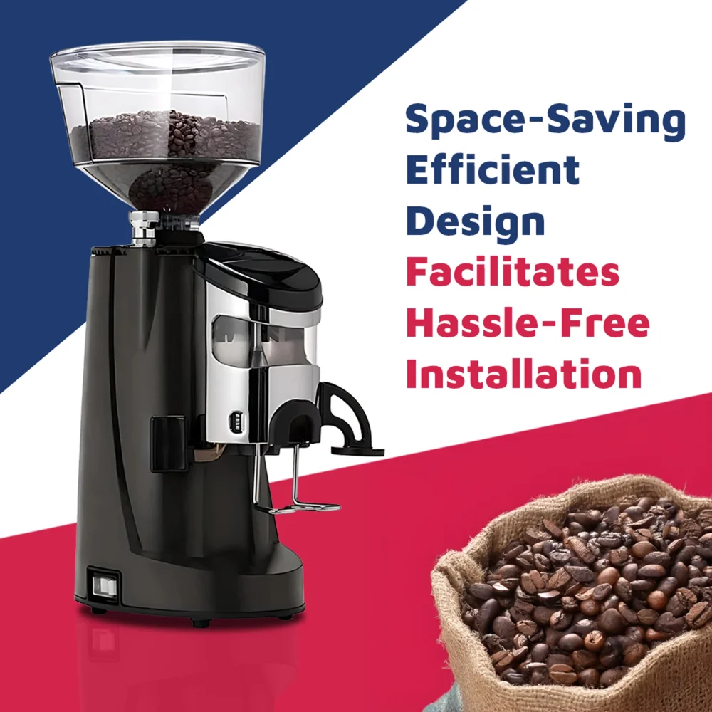 Nuova Simonelli espresso grinder with sleek black body and illuminated display placed beside an espresso machine in a modern coffee bar setup.