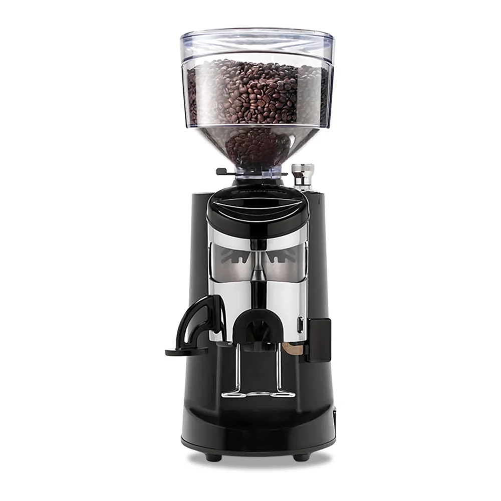 Nuova Simonelli polished aluminum espresso grinder doser with a clear bean-filled hopper rests on a clean coffee station, ready for precise daily use.