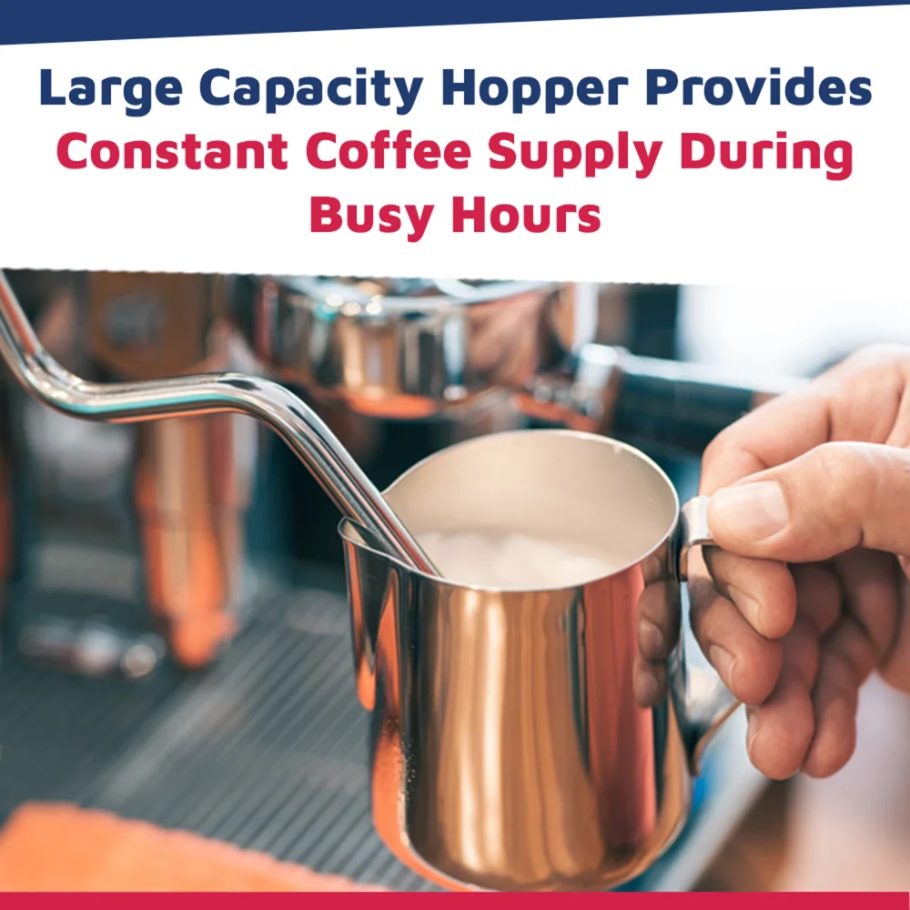 Nuova Simonelli polished aluminum espresso grinder doser with a clear bean-filled hopper rests on a clean coffee station, ready for precise daily use.