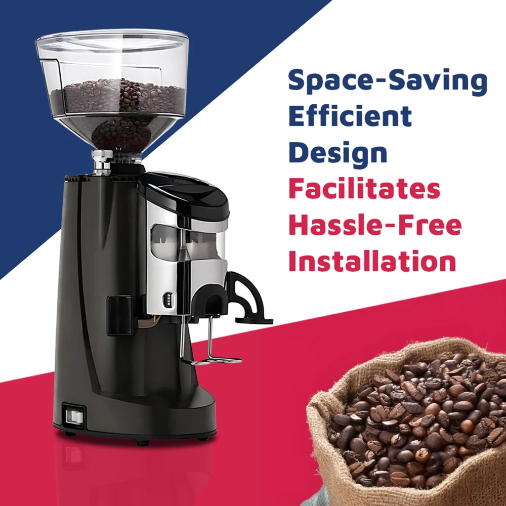 Nuova Simonelli polished aluminum espresso grinder doser with a clear bean-filled hopper rests on a clean coffee station, ready for precise daily use.