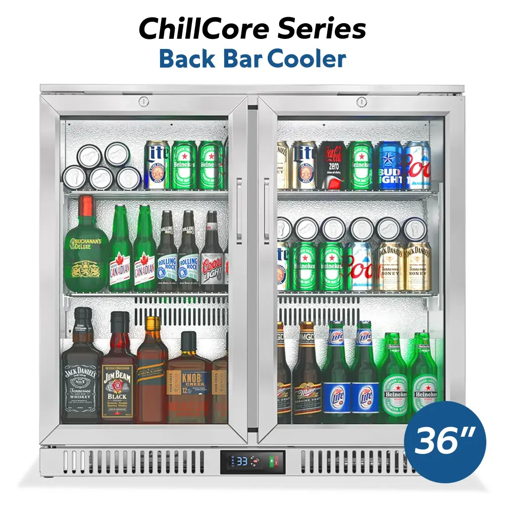 ChillCore Series 36" Commercial Back Bar Beverage Refrigerator, 2 Glass Door, Stainless Steel, 1 Year Warranty