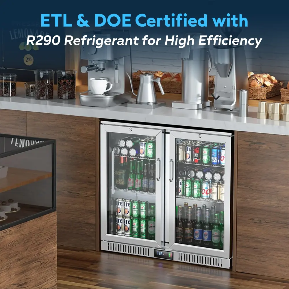 ChillCore Series 36" Commercial Back Bar Beverage Refrigerator, 2 Glass Door, Stainless Steel, 1 Year Warranty